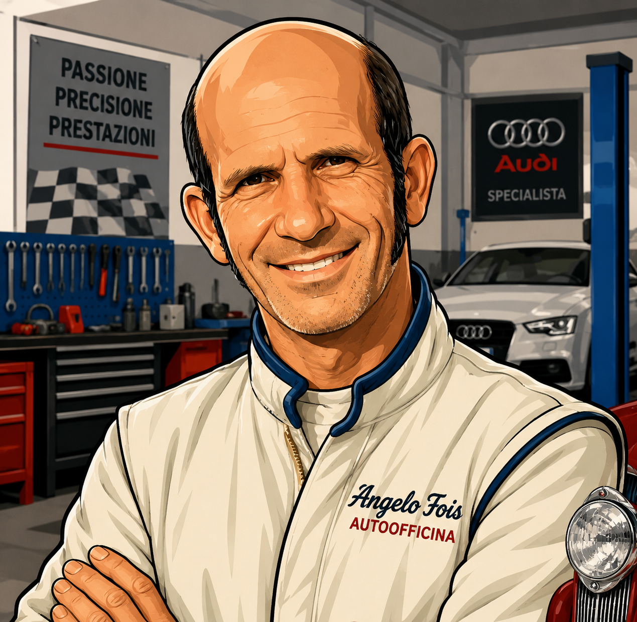 Ritratto cartoon di Angelo Fois, meccanico specializzato in Audi e auto d’epoca